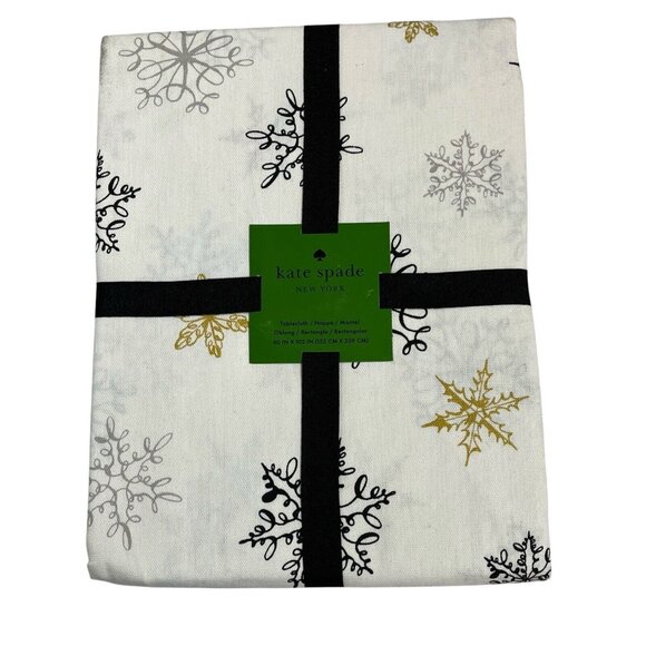 Kate Spade New York Tablecloth White Gold Silver Snowflakes Winter 60x102 Oblong - Picture 1 of 8